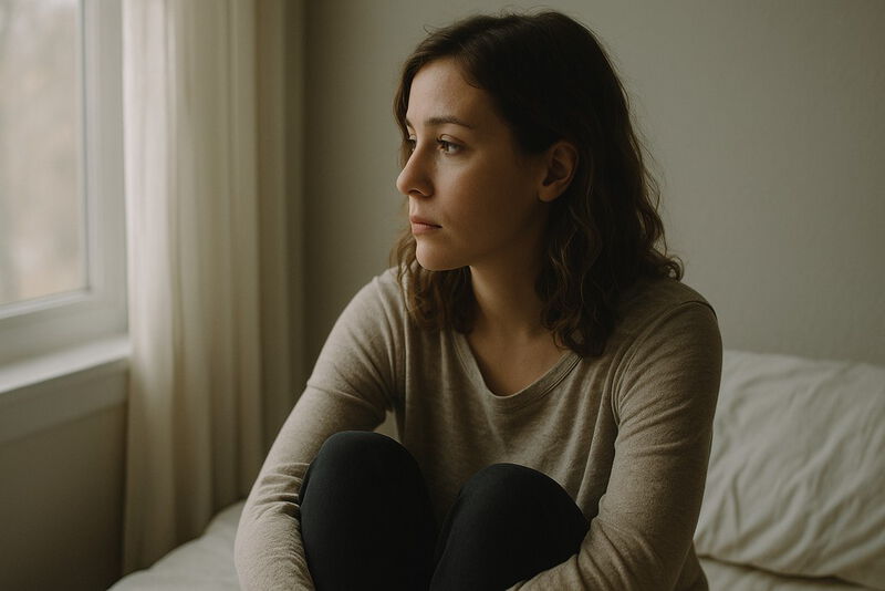 Junge Frau sitzt auf dem Sofa und blickt aus dem Fenster | Bild von ChatGPT